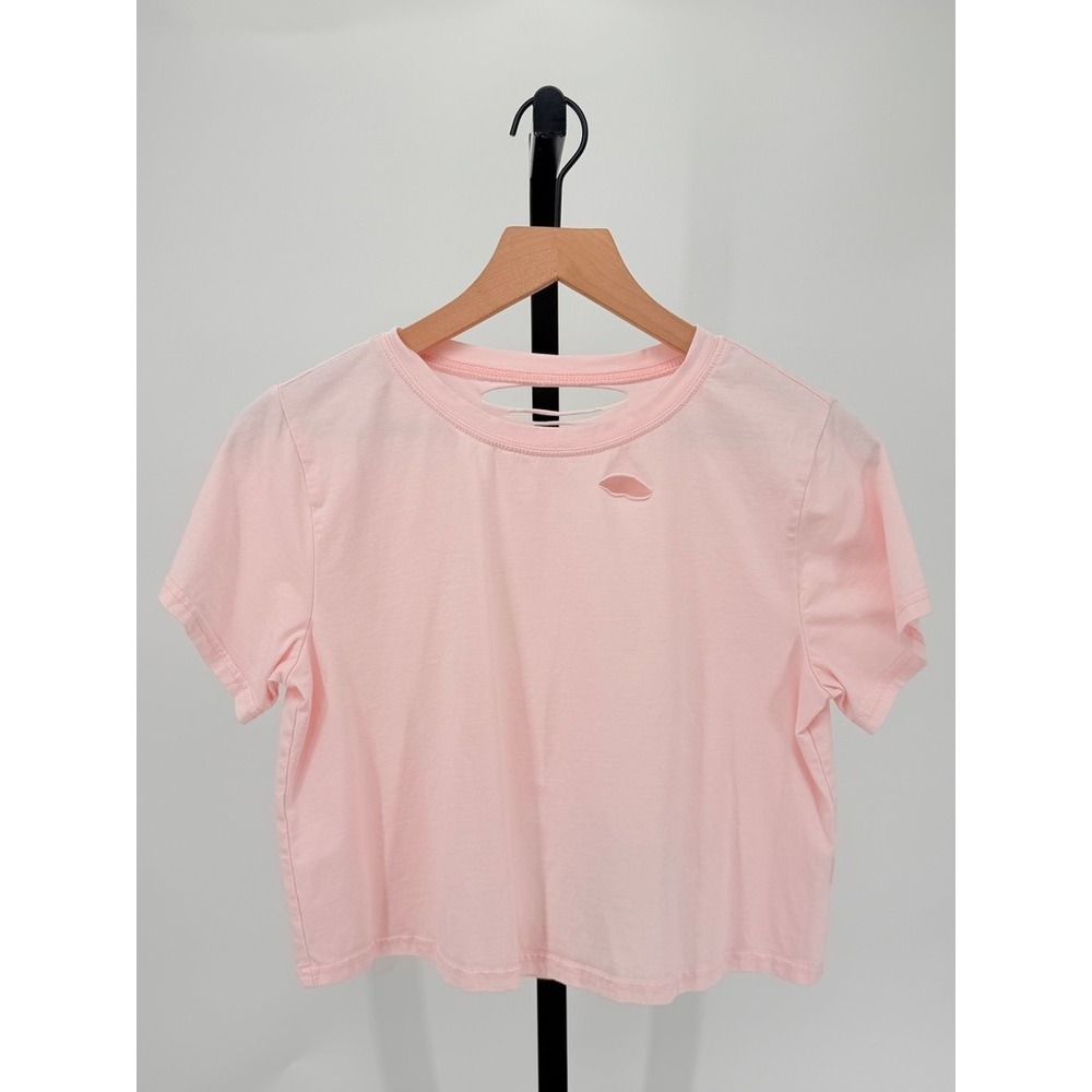 Blush Cropped Tee Distressed Cutout Back Crew Neck Short Sleeve Casual Stretch M